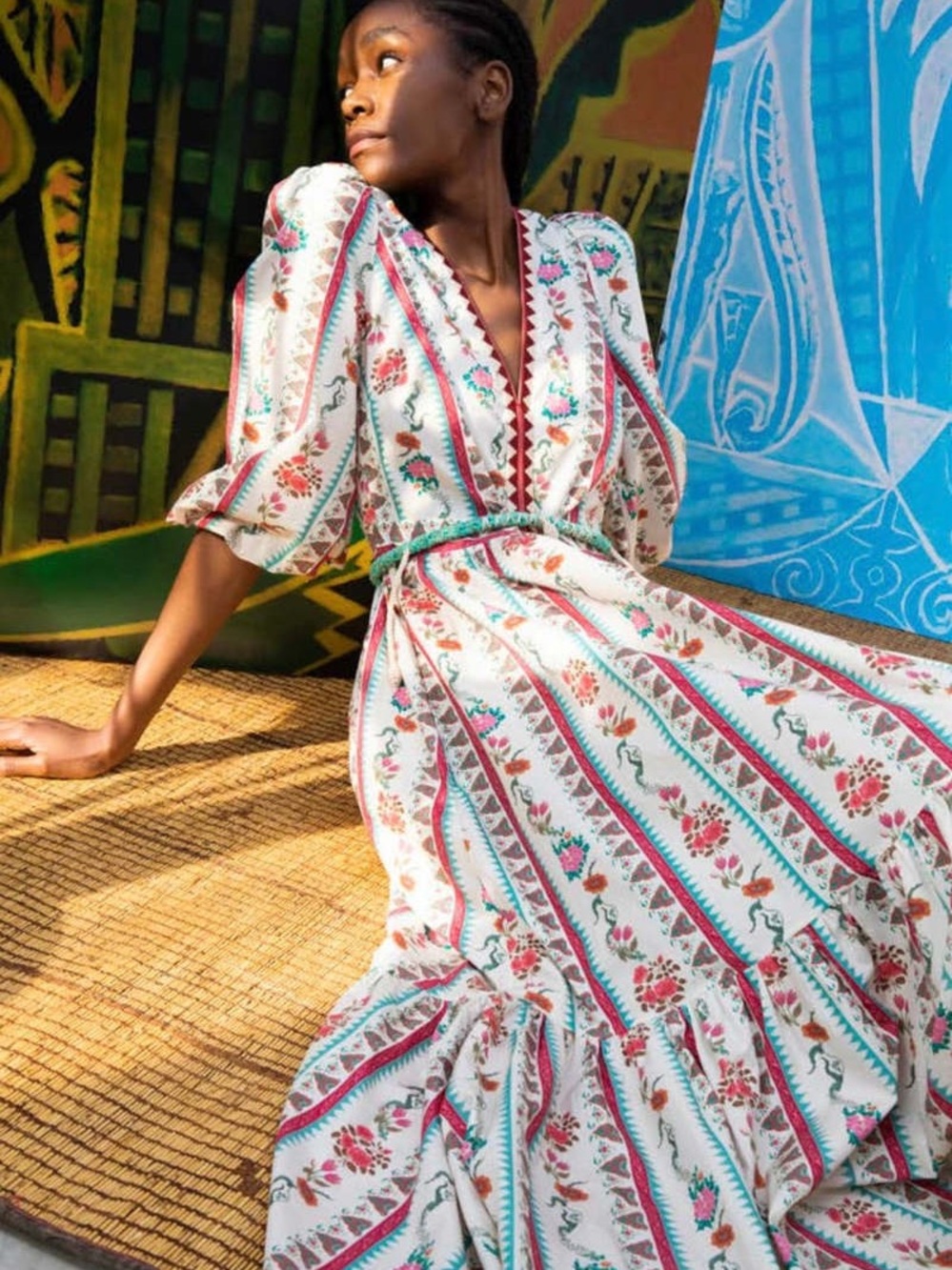 Emporio Sirenuse Cream Maxi Dress with Red & Green Floral Stripes